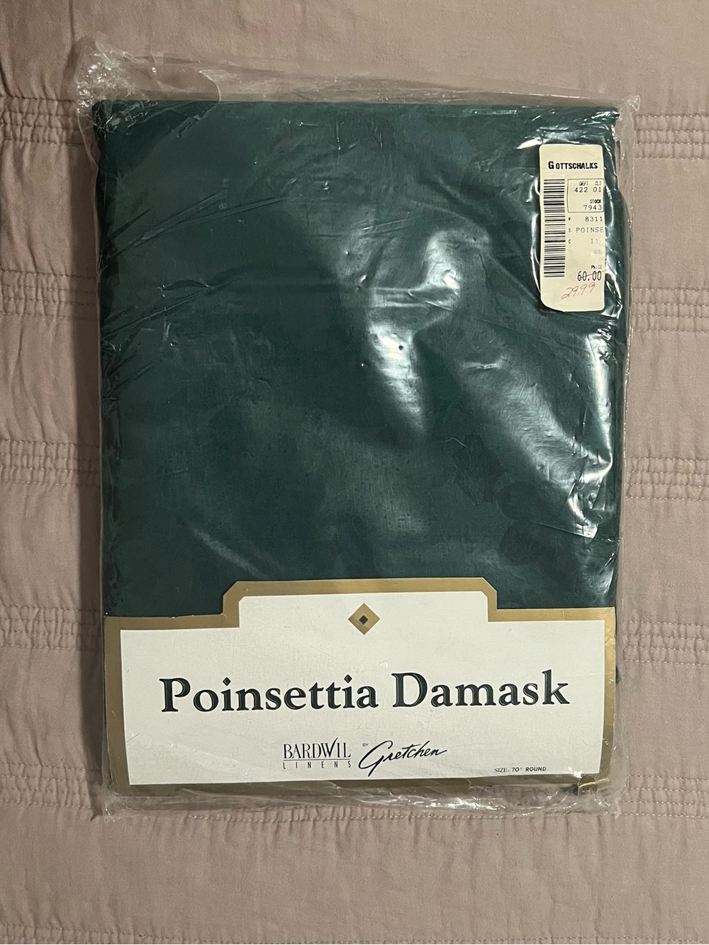 Poinsettia Damask Tablecloth Bardwil Linens Green Holiday Vintage 70” Round